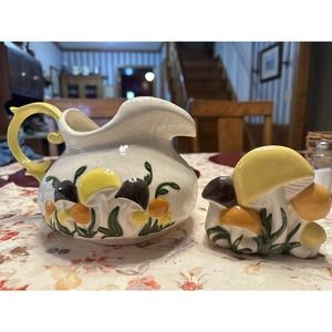 ARNEL'S 1974 Ceramic Pitcher and Napkin Holder Mushrooms Yellow MCM